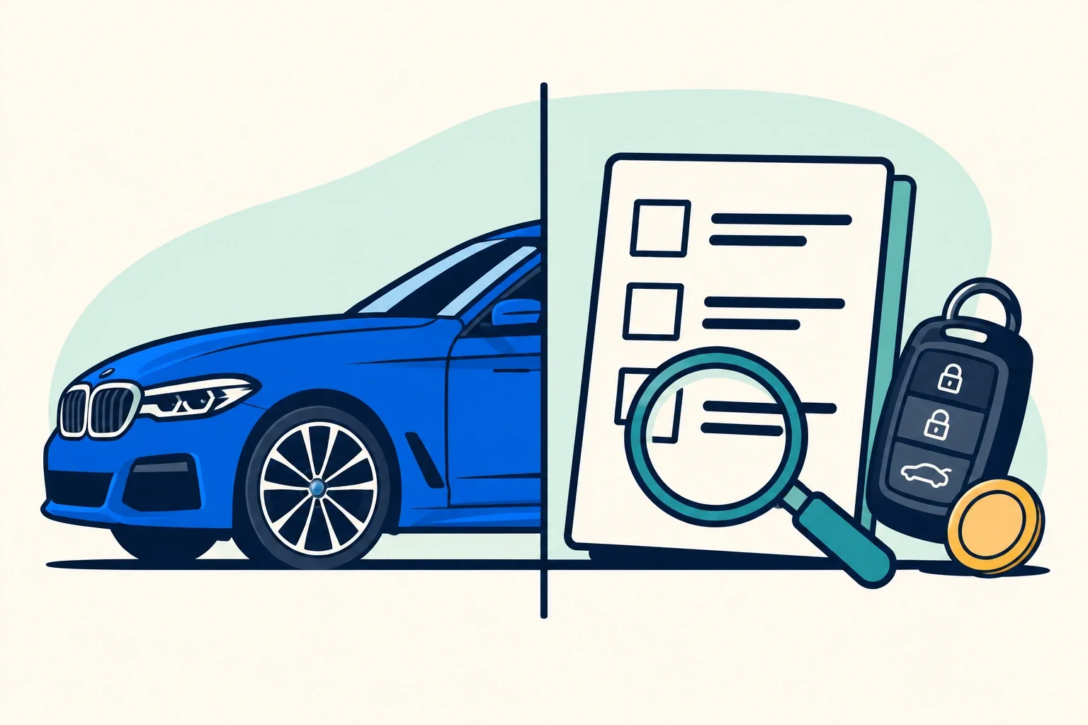 Ilustrație: jumătate de BMW și lista cumpărătorului, cu cheie și lupă.