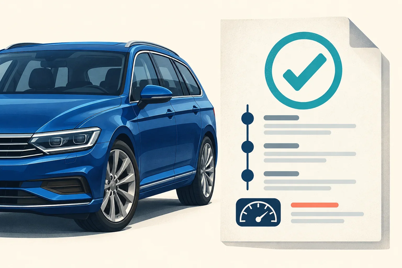 Ilustrație: Volkswagen Passat albastru lângă un document de istoric, cu kilometraj și verificări.