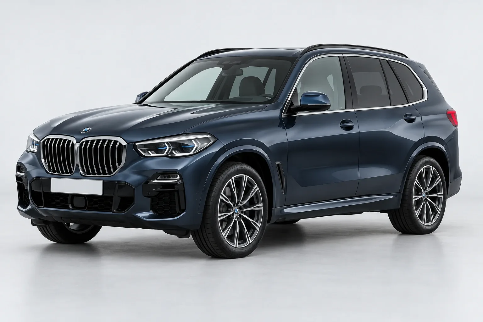 Imagine ilustrativă generată: SUV BMW X5, vedere din față și lateral, cu două uși laterale vizibile