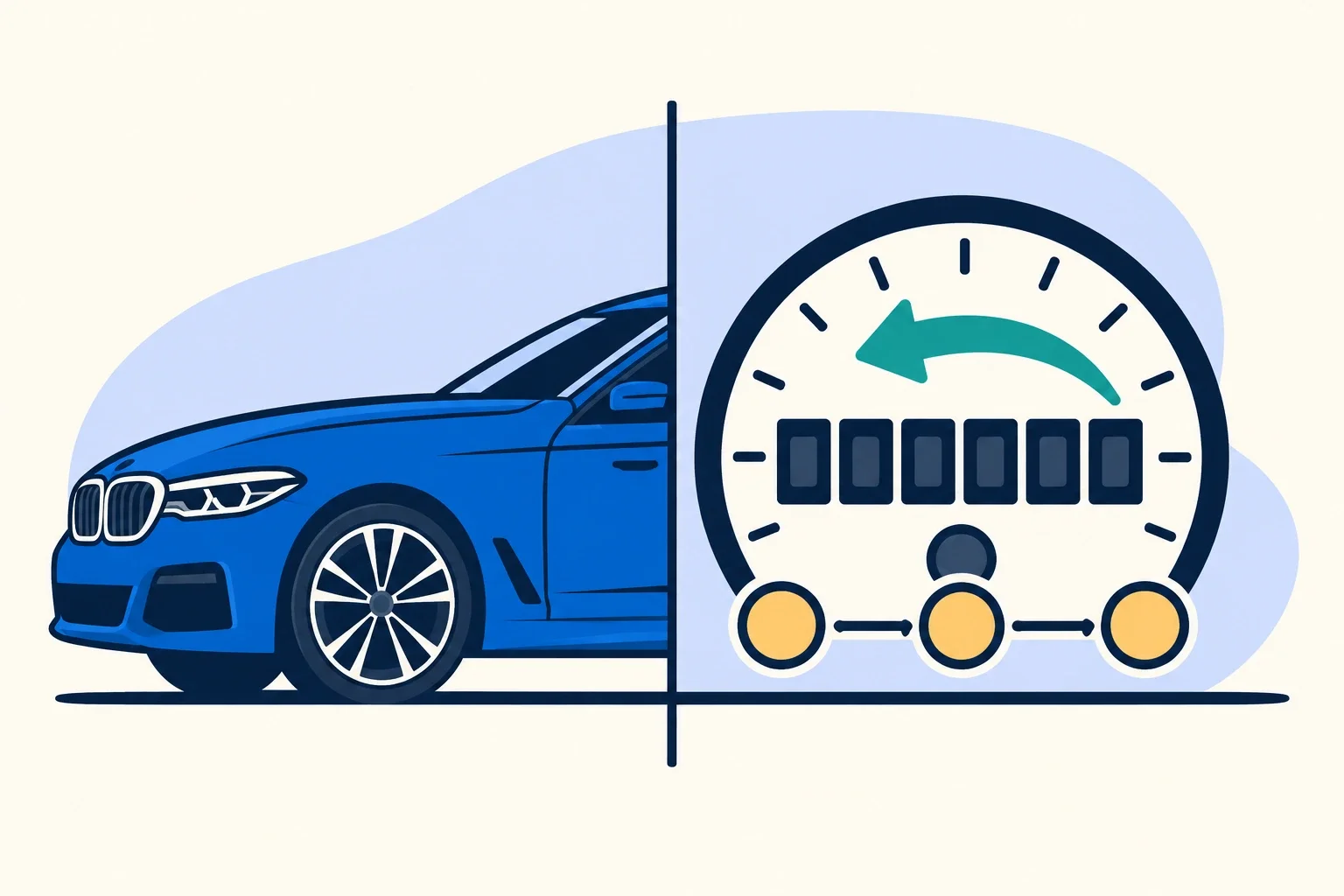 Ilustrație: jumătate de BMW, odometru și cronologie pentru verificarea citirilor de kilometraj.